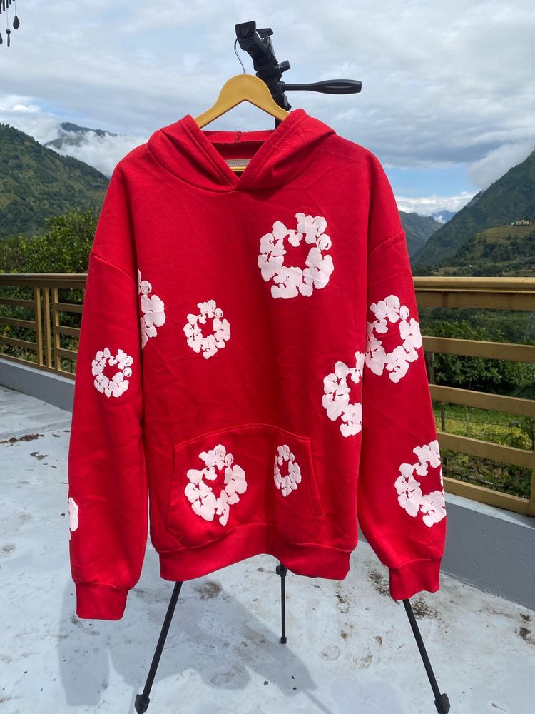 tear denim Red Hoodie with rubber puff