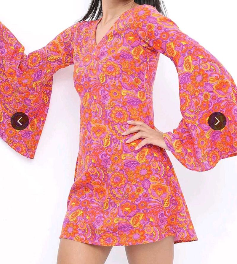 Retro Paisley Bell Sleeve Mini Dress