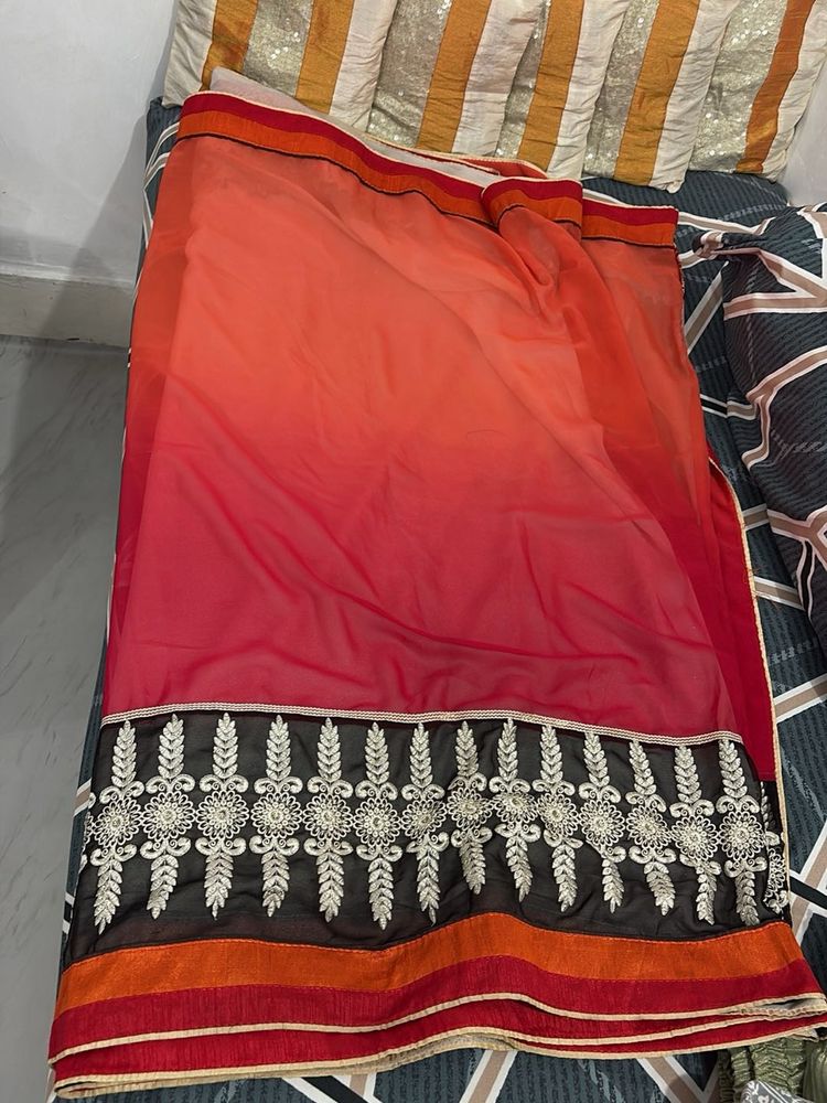 Ombre Red &amp; Orange  2 in 1 saree