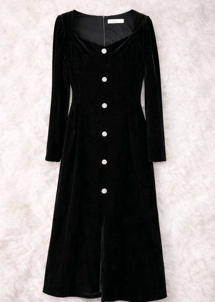 Elegant Black Velvet Button Dress