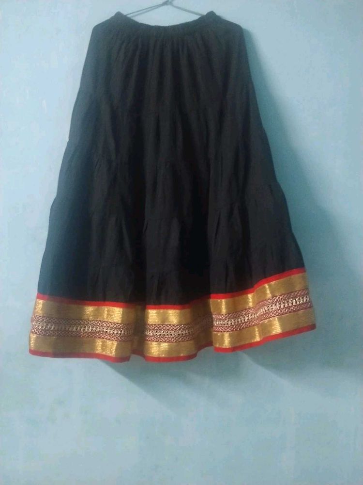 Black Tiered Ethnic Skirt with Gold Border