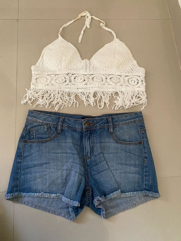 Crochet Halter Top &amp; Denim Shorts Set