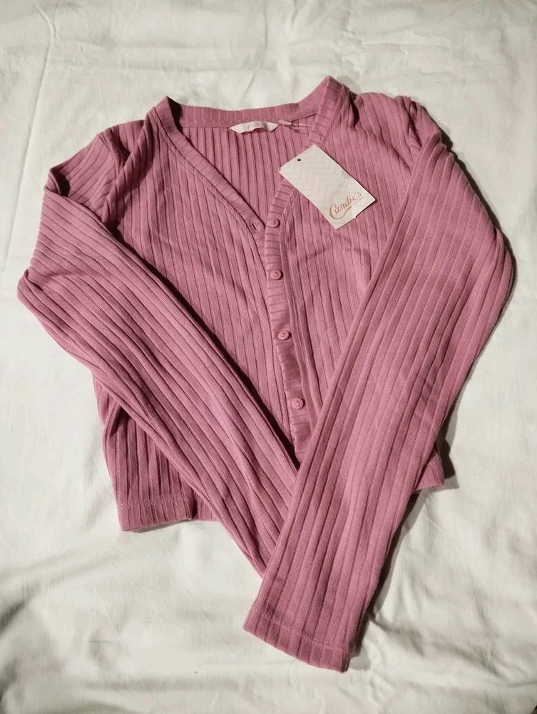 Pink Ribbed Cropped Cardigan Long Sleeves