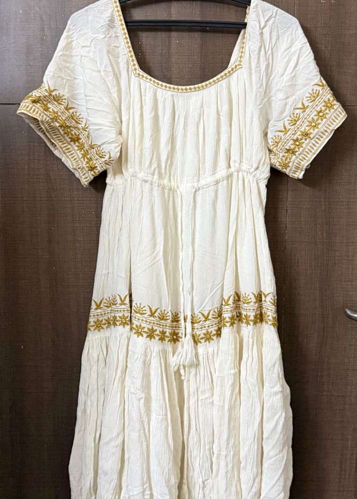 LOV Off White Floral Embroidered Tiered Dress