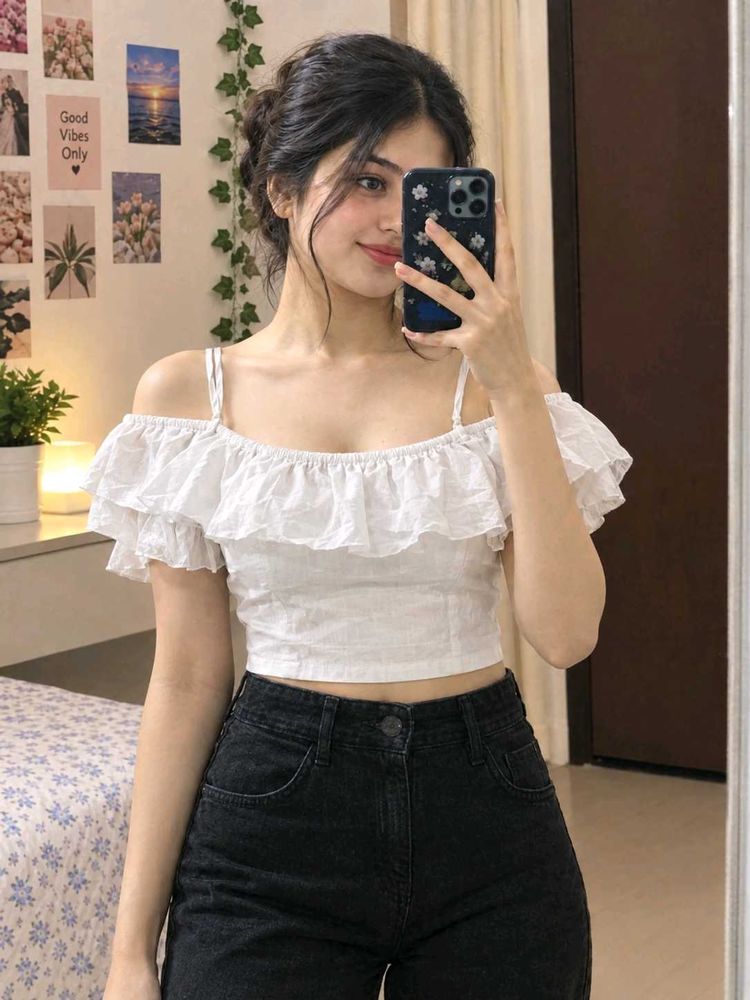 White Off-Shoulder Ruffle Crop Top