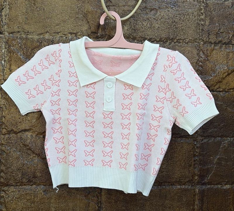 Cute Pink Butterfly Knit Polo Top