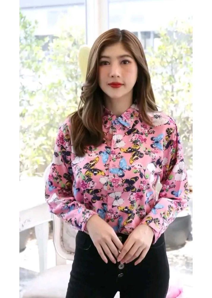 Korean Butterfly Print Button-Up
