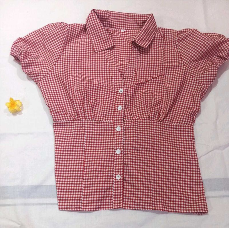 Red Gingham Button-Up Top