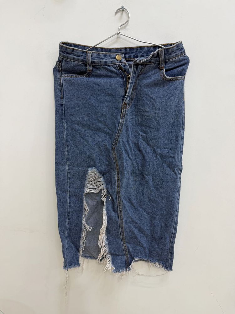 Distressed Denim Midi Skirt