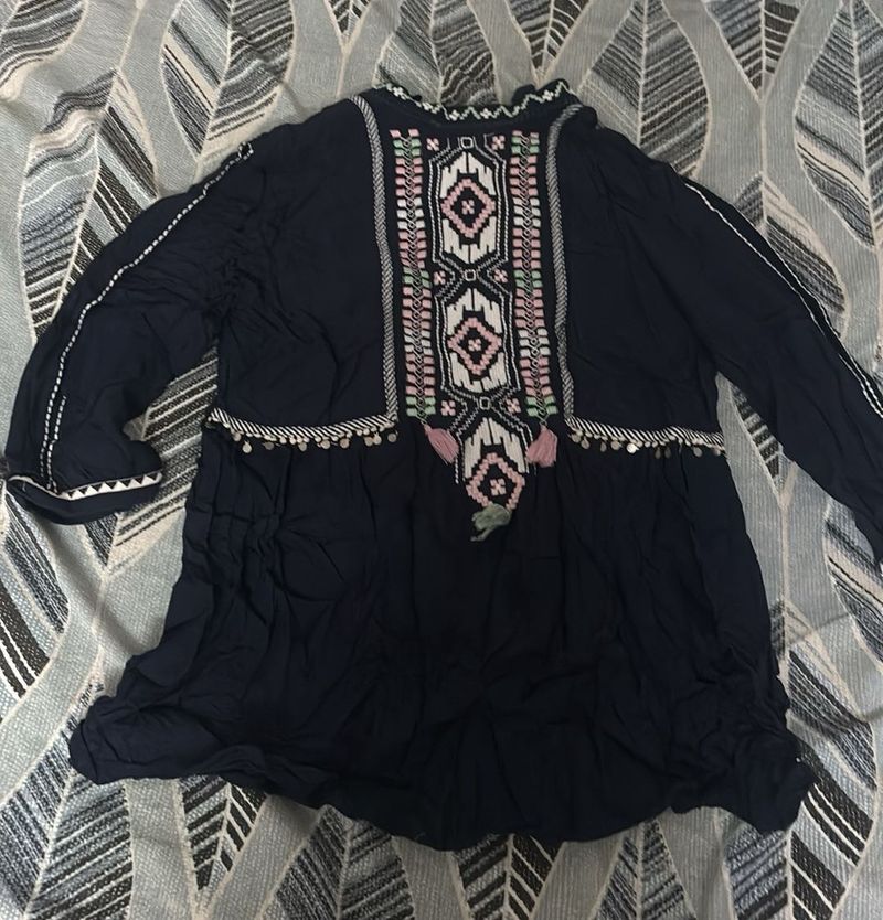 Boho Embroidered Navy Blue Tunic Top