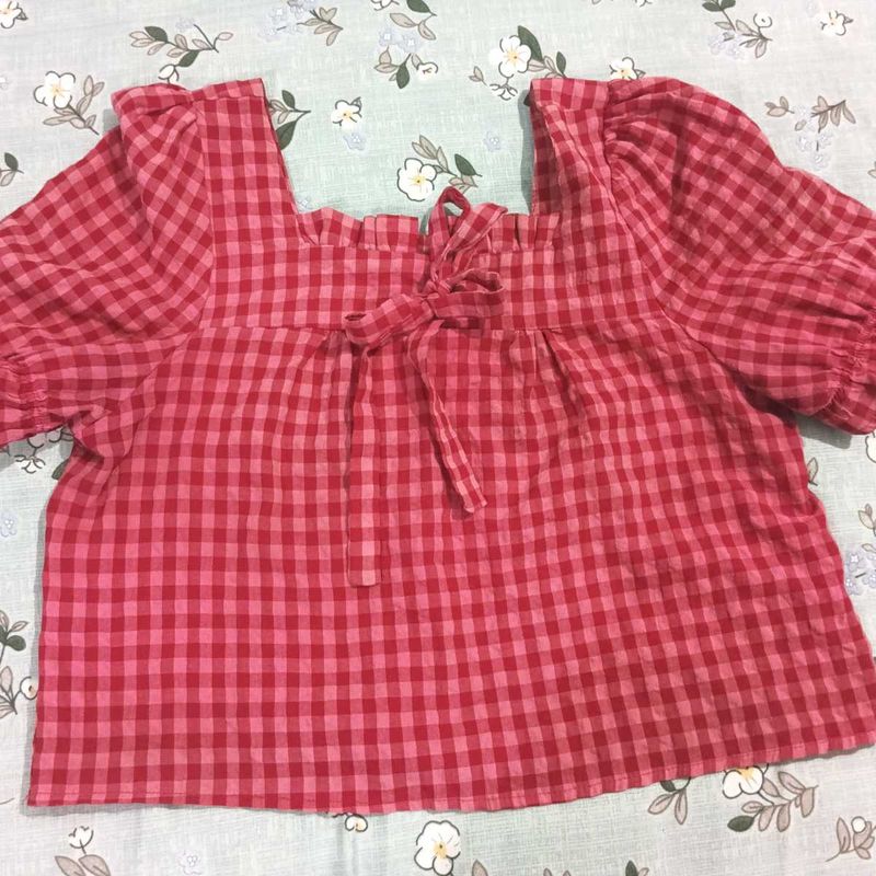 Red Checkered Square Neck Puff Sleeve Top