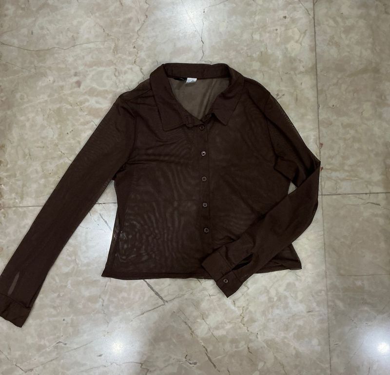 H&amp;M Brown Mesh Long Sleeve Top