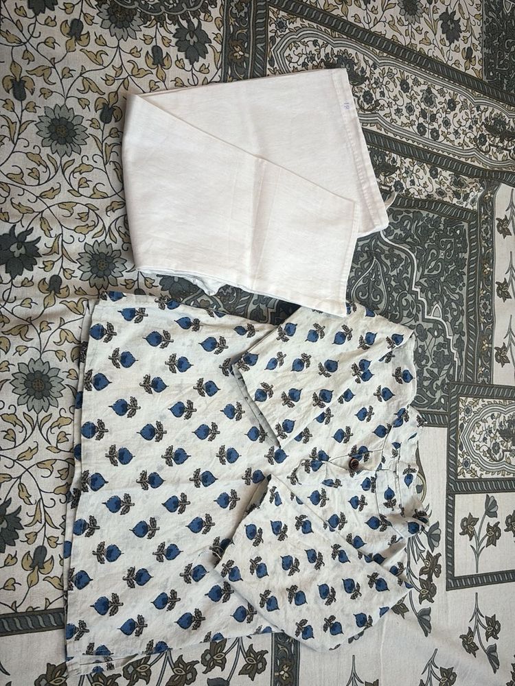 White Kurta Set with Blue Floral Print