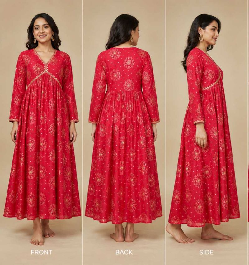 Red Ethnic Kurta with Golden Print