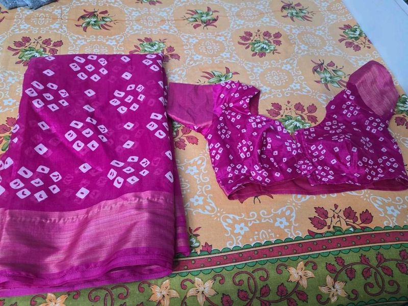 Vibrant Pink Bandhani Saree with Blouse
