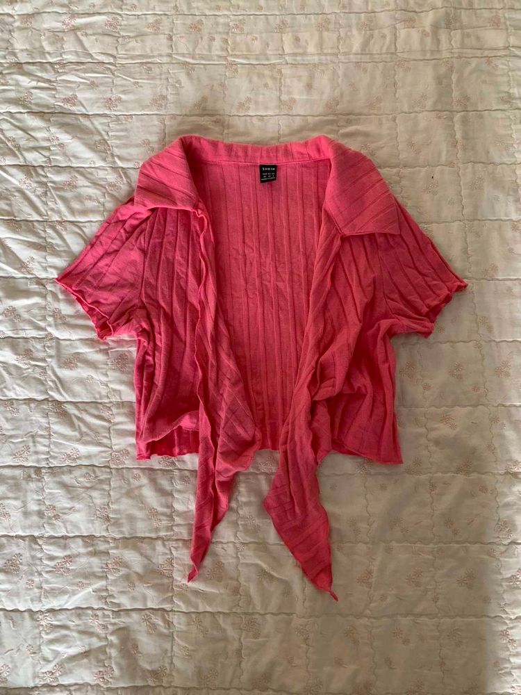 Ribbed Pink Tie-Front Cardigan