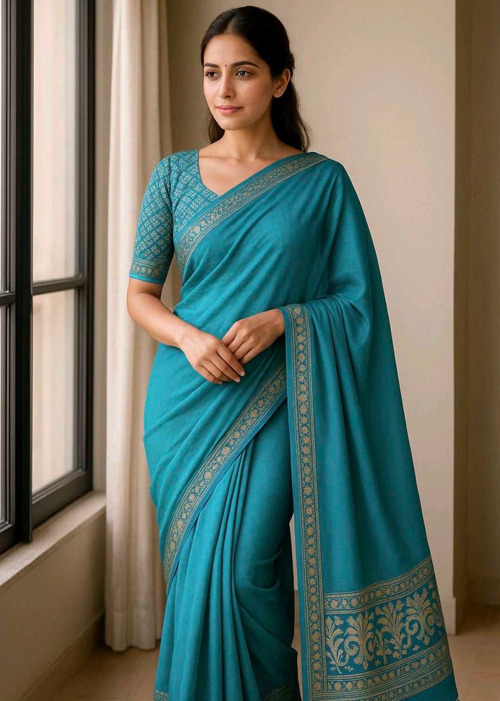 Elegant Teal Saree with Golden Border