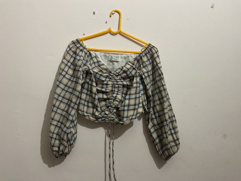 Zara Plaid Long Sleeve Crop Top