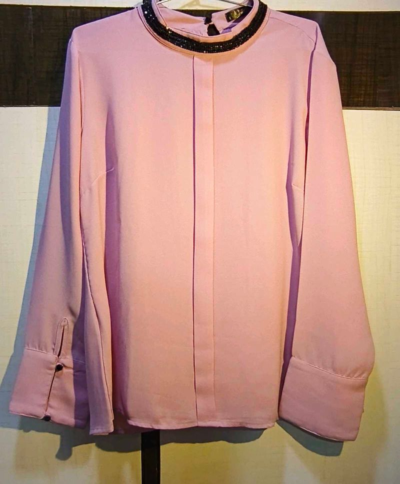 Elegant Pink Top with Embellished Collar