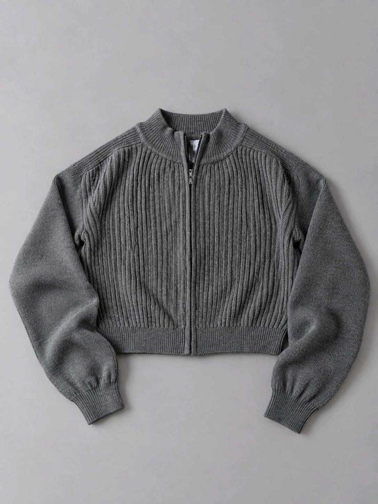 CHARCOAL GREY RIBBED ZIP-UP CROPPED SWEATER