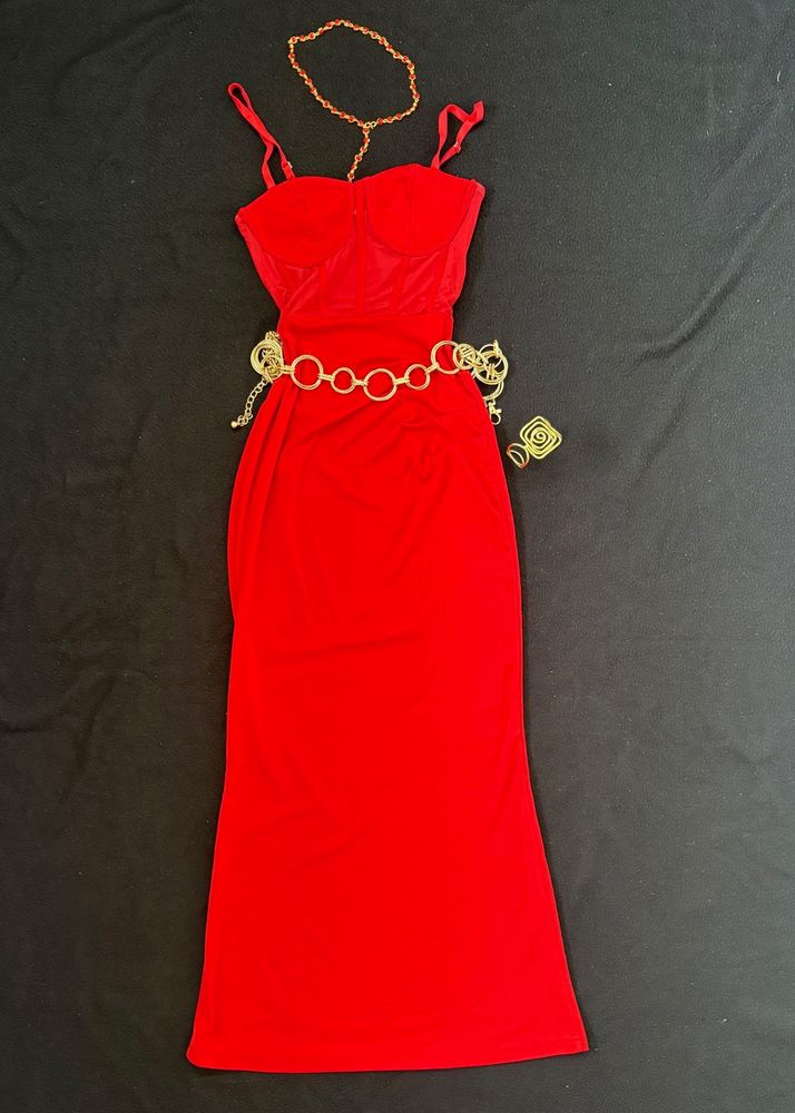 NEW Red Corset Mesh Midi Dress