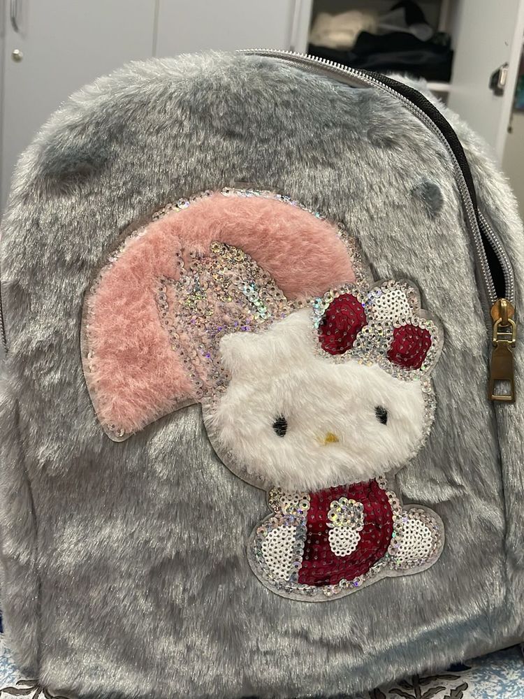 Cute Grey Furry Hello Kitty Backpack