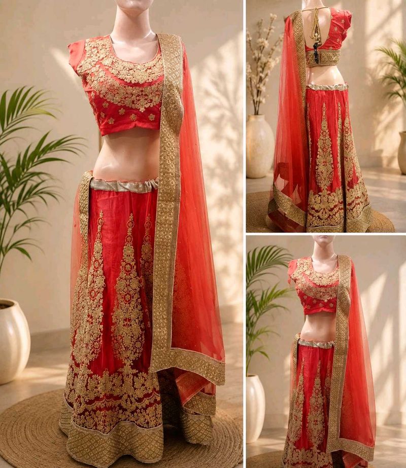Elegant Red &amp; Gold Embroidered Lehenga Choli