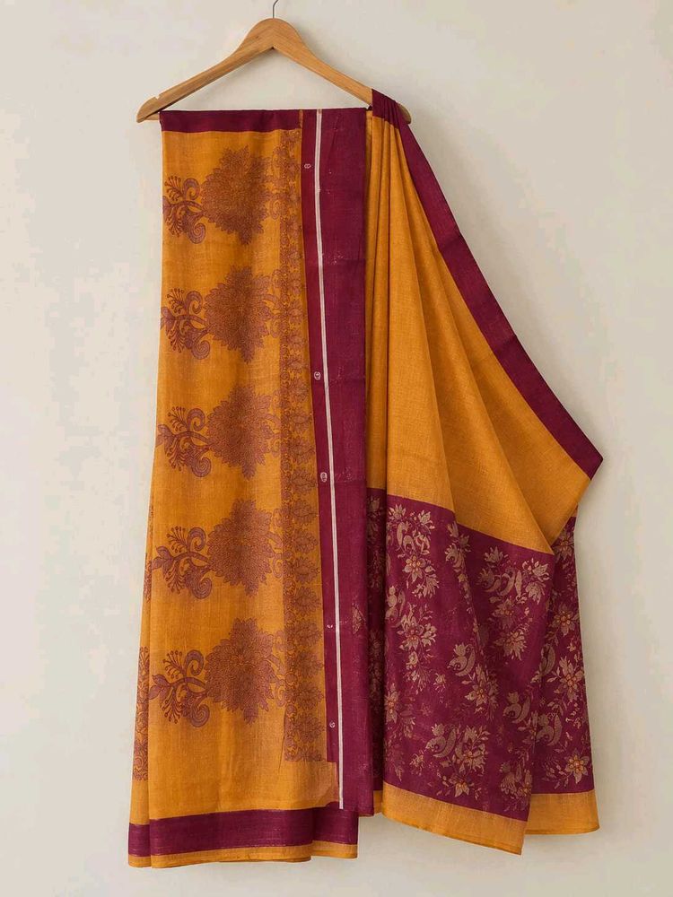 Yellow &amp; Maroon Printed Saree