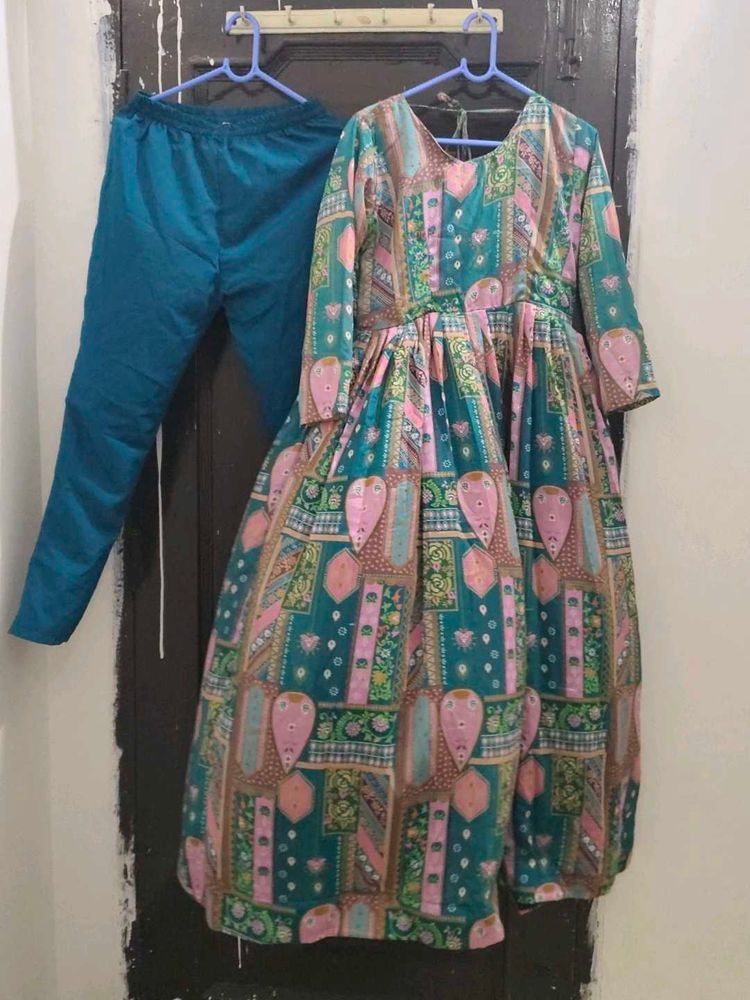 Printed silk  frock suit with Pants dupatta