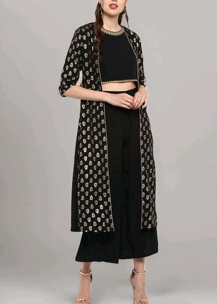 Black &amp; Gold Printed Crop Top Set with plazzo
