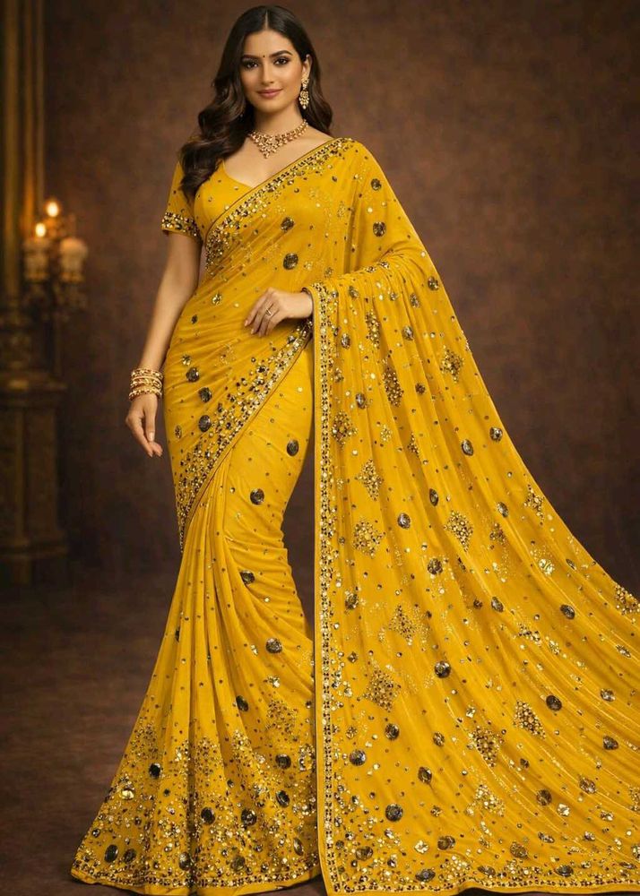 🇳🇿💫🎀Y2K Elegant Yellow Embellished Saree