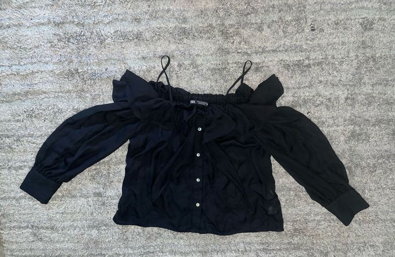 Zara Black Off-Shoulder Top – Ruffles, Bow Tie &amp; B