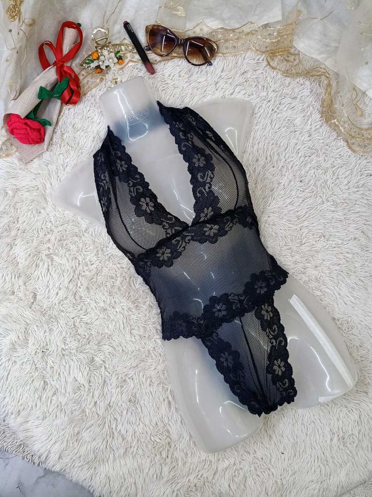 Lace Trimmed Black Bodysuit