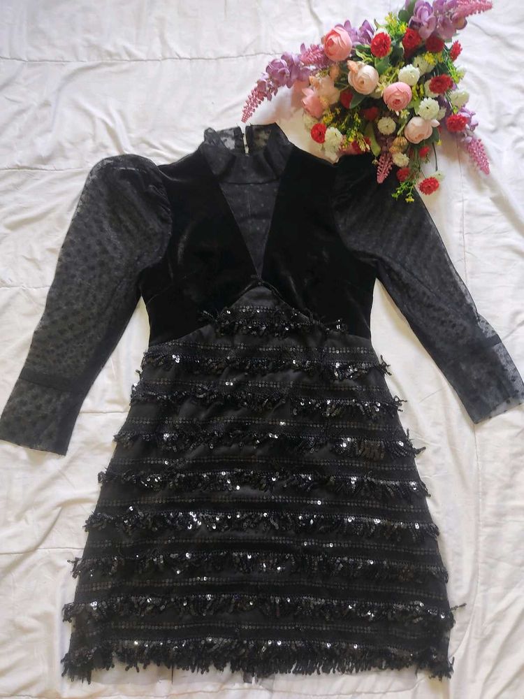 Black Sequin Fringe Mini Dress