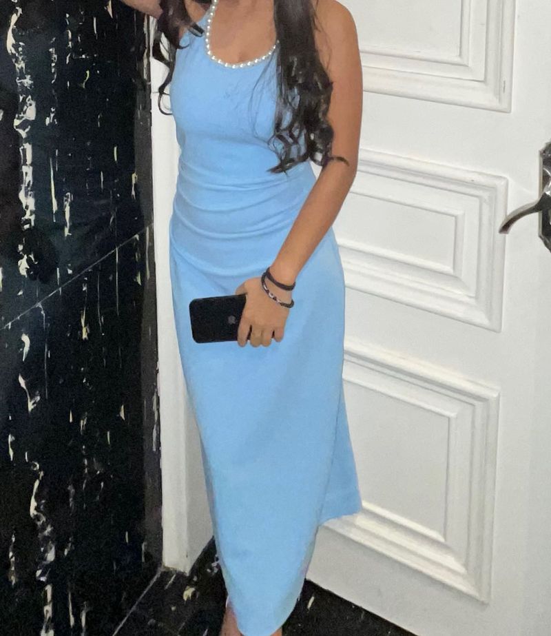 Light Blue Pearl Strap Midi Dress