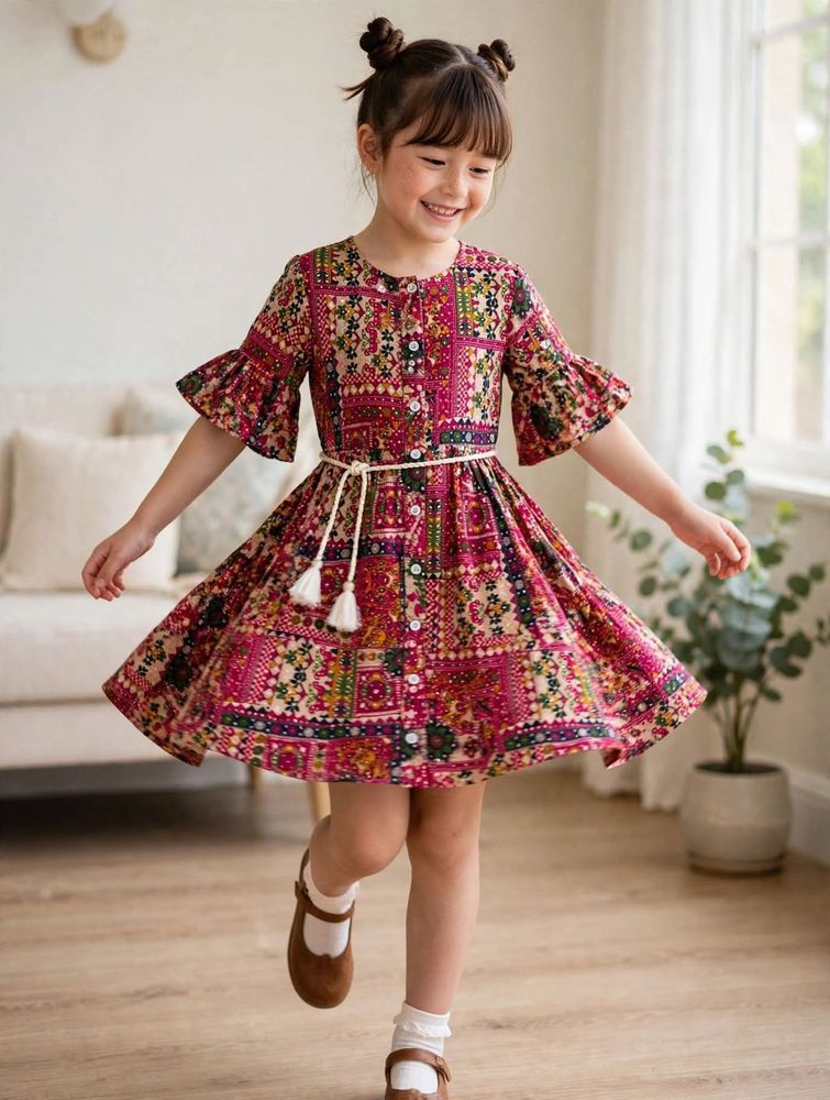 Boho Print Ruffle Sleeve Dress