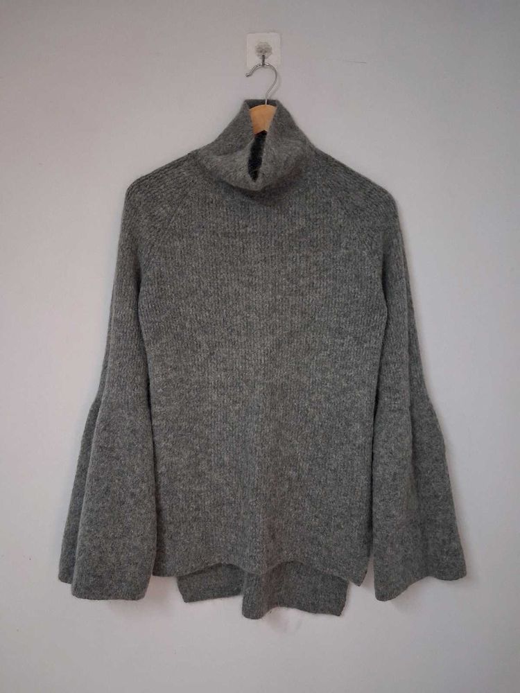 Grey Turtleneck Bell Sleeve Sweater