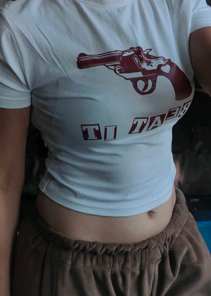 White Crop Top with Gun Graphic
