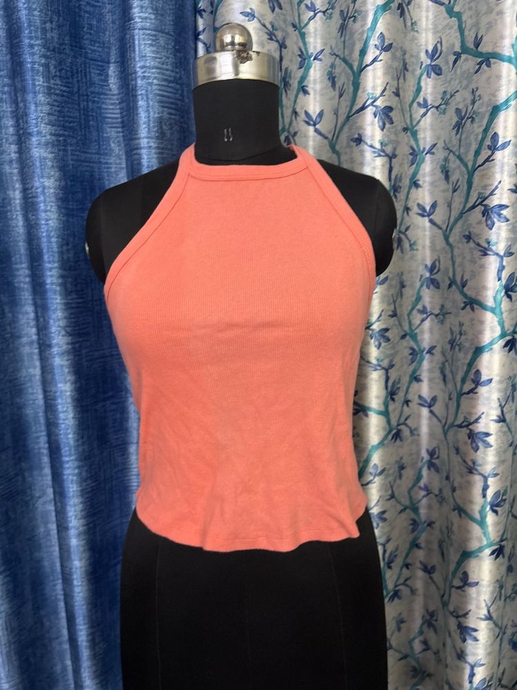 Coral Ribbed Halter Neck Top