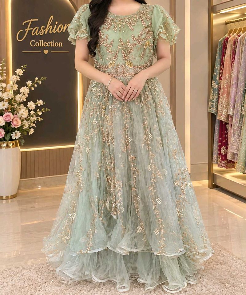 Stunning Mint Green Embroidered Gown