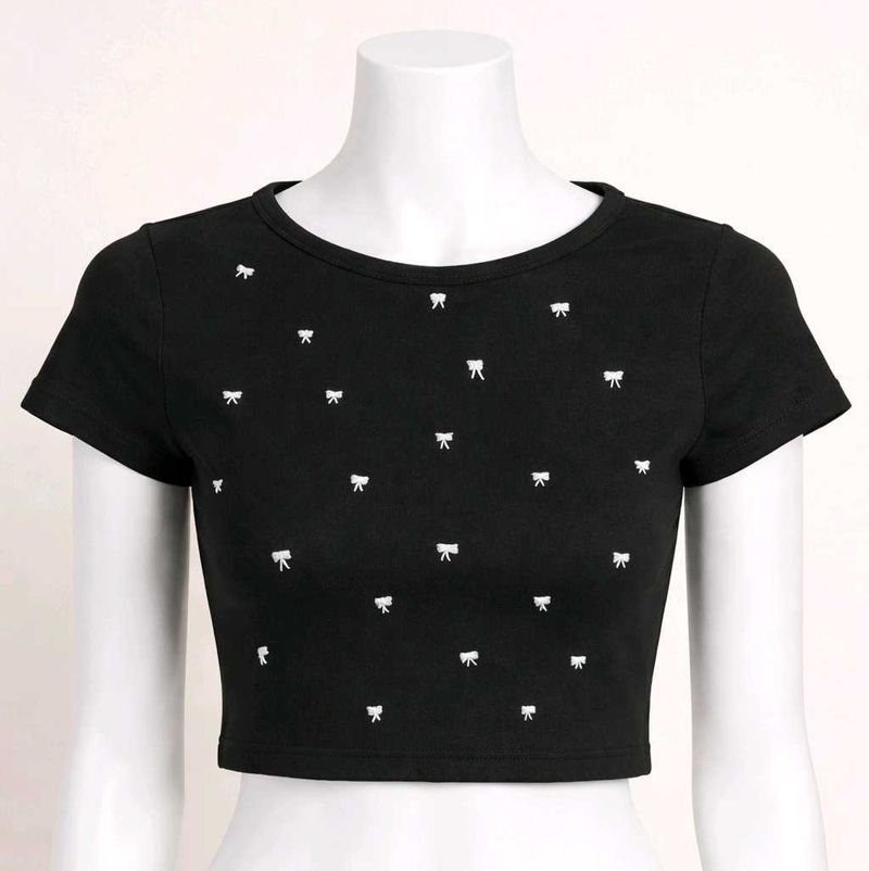Black Crop Top with White Bows
