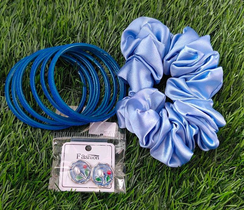 Blue Bangles, Scrunchie &amp; Stud Earrings Set