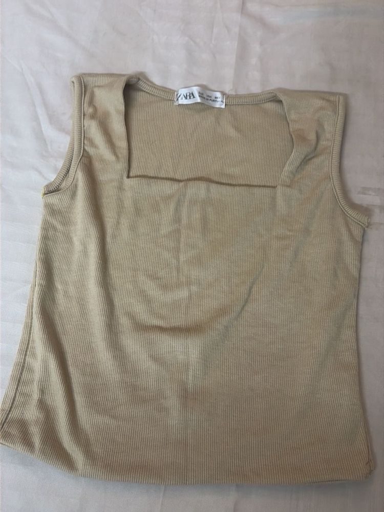 Zara Beige Square Neck Ribbed Tank Top