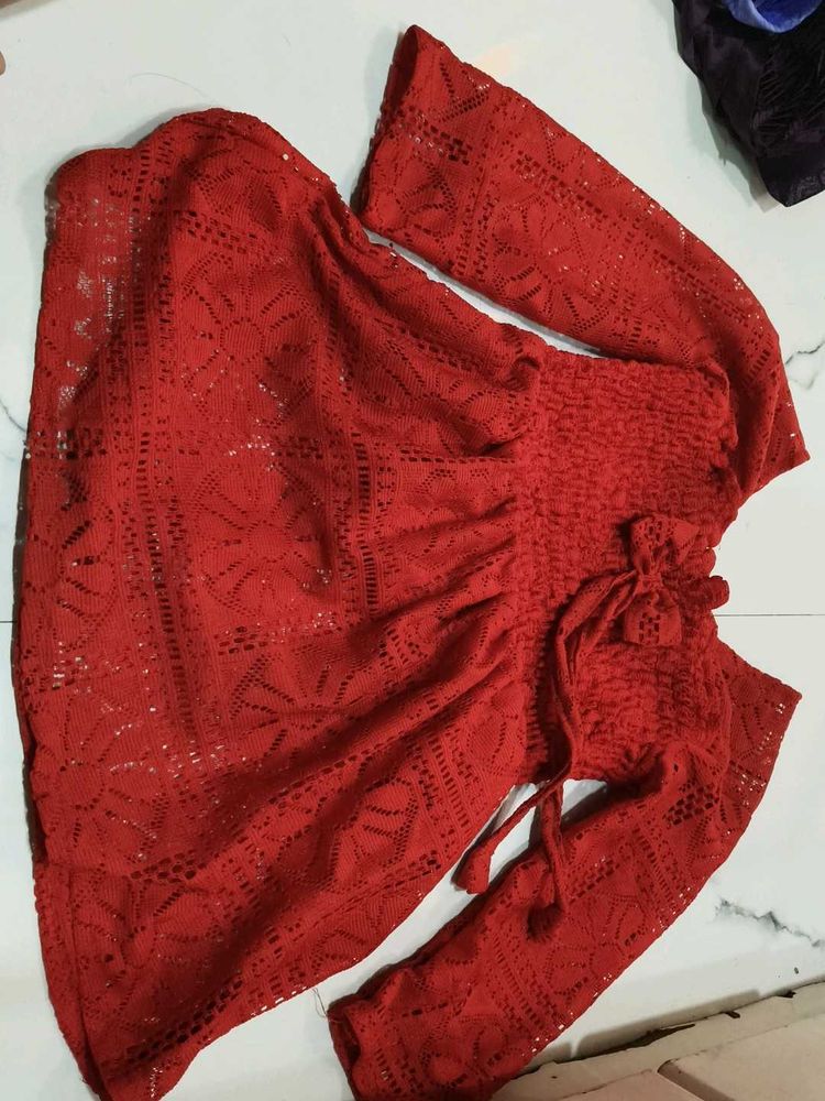 Red Crochet Bell Sleeve Top