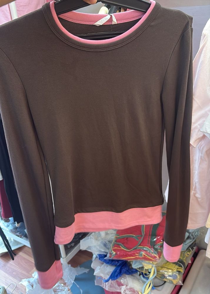 Zara Brown Long Sleeve Top with Pink Trim