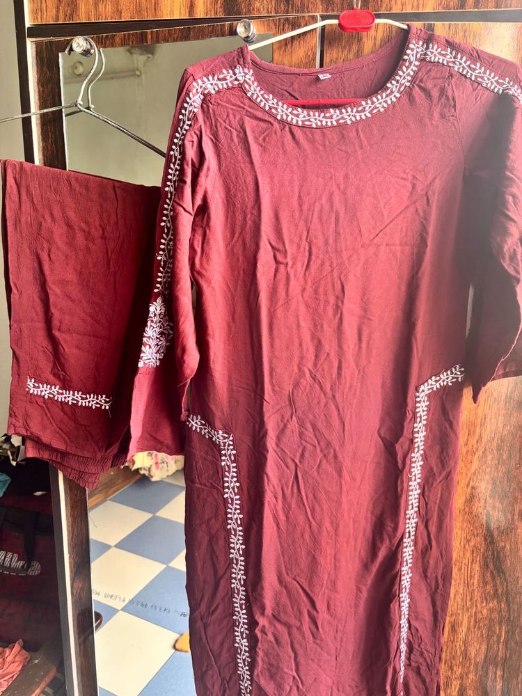 Rust maroon co ord  Set with White Embroidery