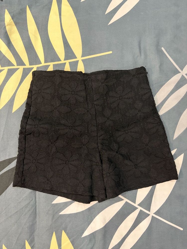 Black Floral Textured Shorts