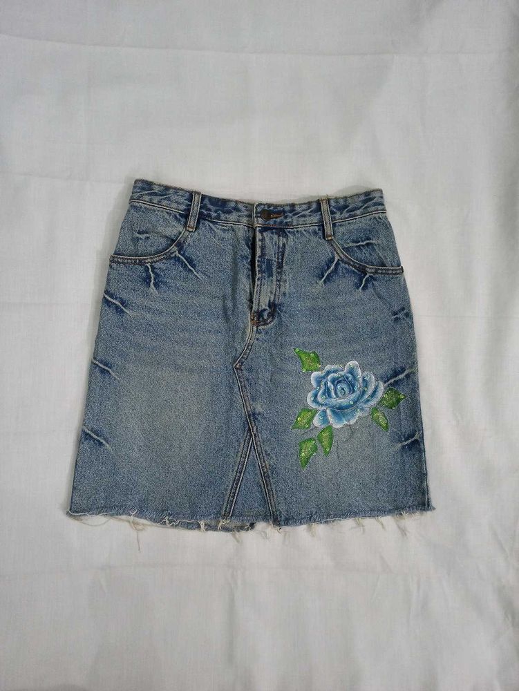 Blue Denim Skirt with Rose sequins Embroidery