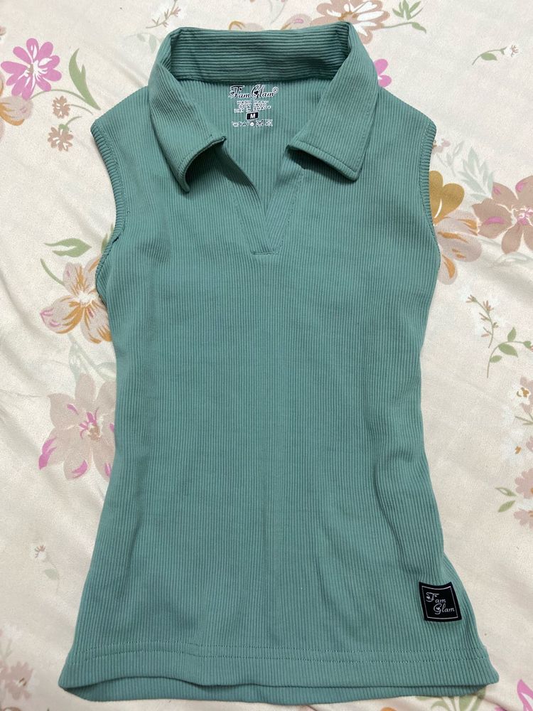 Sleeveless Ribbed Polo Top