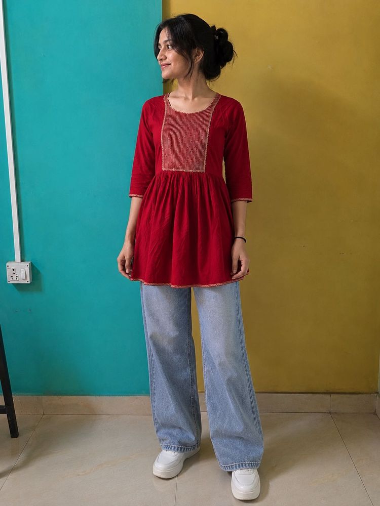 Red Embroidered Peplum Kurti